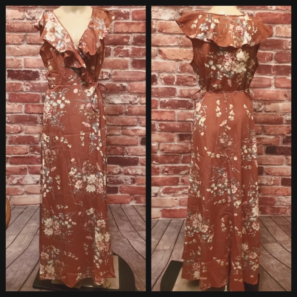 Brown Boho Floral Wrap Maxi Dress 4, 8, 12 NWOT - Picture 3 of 3